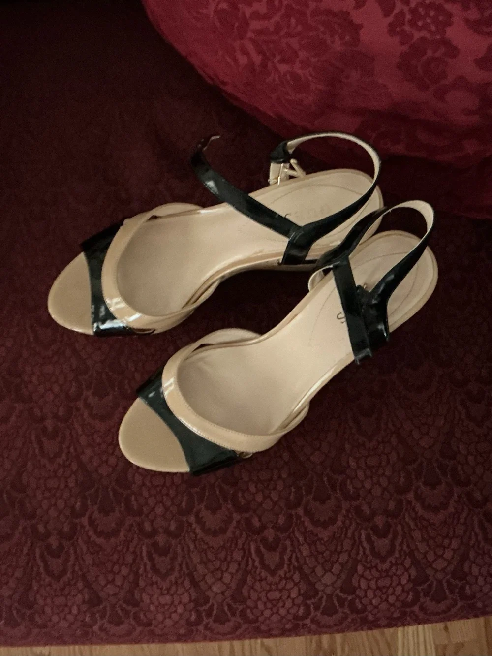 Guess Black Patent and Beige Cork Wedge Sandals